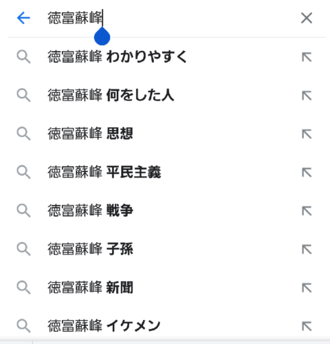 グーグルで徳富蘇峰を検索したところ、『わかりやすく』『何をした人』などがサジェストされている。
