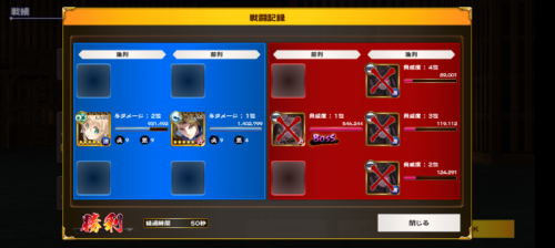 ロスフラの戦闘記録のスクショ。配布のキウルと配布のオシュトルでイベントステージVH2を50秒かけてクリア。