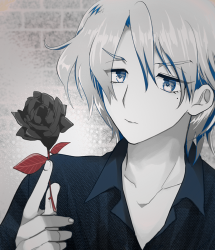 一輪の薔薇を手に持った青年のイラスト