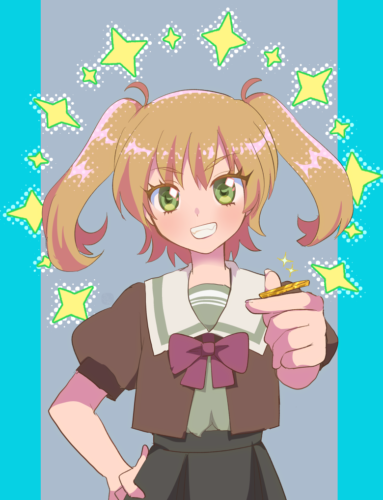 制服を着たツインテールの女の子。コインの置かれた左手を前に差し出して、不敵な笑みを浮かべている。