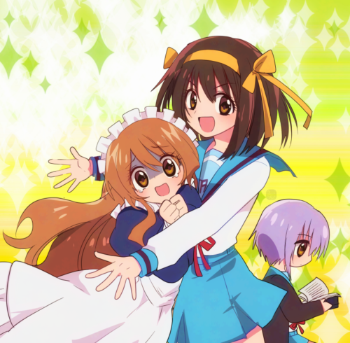 涼宮ハルヒの憂鬱のファンアート。青ざめて涙目になっているメイド服の朝比奈みくる。みくるを勢いよく抱え込むポーズの元気な涼宮ハルヒ。二人の後ろで本を読んでいる長門有希。ポップで明るい雰囲気。