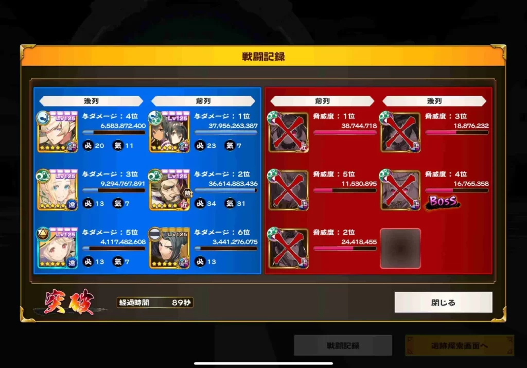 ロスフラのスクショ。イベント遺跡深層戦闘記録。前列上から水着コトツタ、老ディコトマ、スガオロ。後列上からライデン、水着ウルトリィ、ハロウィンコタマ。経過時間89秒。