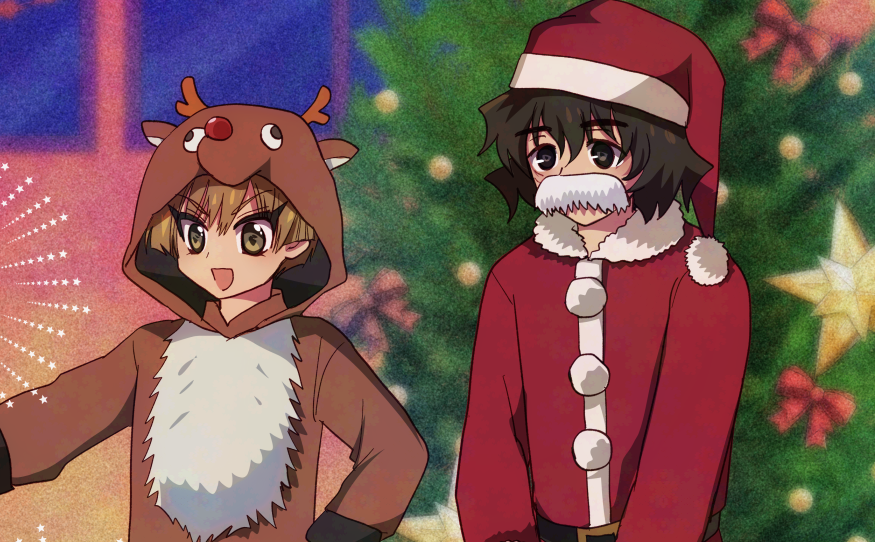 クリスマスツリーの前で子ども達にプレゼントを渡す宮裡と不破のイラスト。宮裡はトナカイの服、不破はサンタクロースの服を着ている。