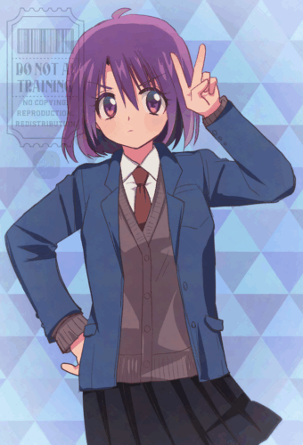 創作漫画に登場するキャラクターのイラスト。ブレザー制服を着た女子高生。凛々しい表情。右手を腰にあててある。左手はピース。