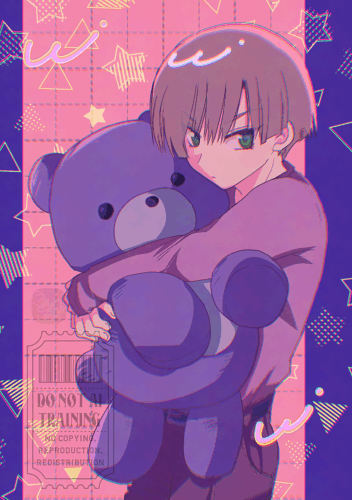 創作漫画のキャラクターのイラスト。大きなくまのぬいぐるみを抱いている宮裡。