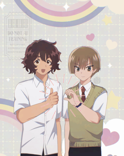 創作漫画のキャラクターのイラスト。並んでいる二人。グッドポーズの不破と、手でハートの半分を作っている宮裡。