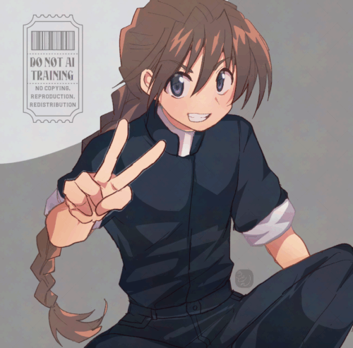 ガンダムWのファンアート。右手でピースサインを出しているデュオのイラスト。