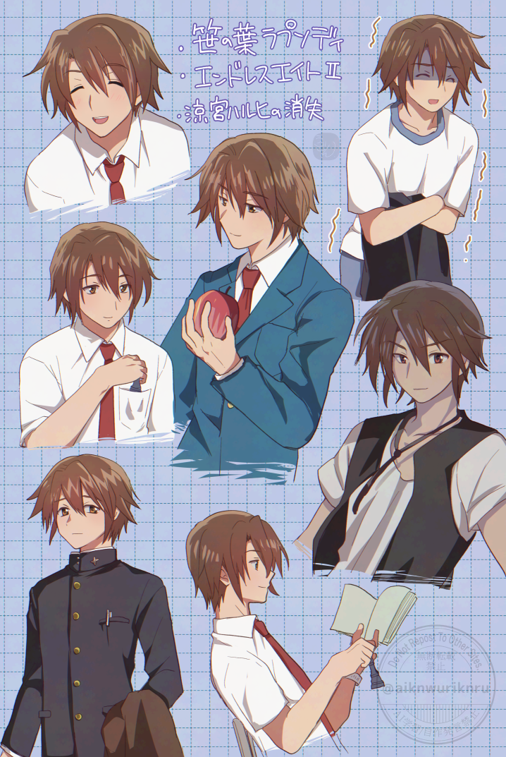 アニメ涼宮ハルヒの憂鬱のファンアート。笹の葉ラプソディ、エンドレスエイトⅡ、涼宮ハルヒの消失の模写と自分絵が混在している。7種類の古泉一樹。