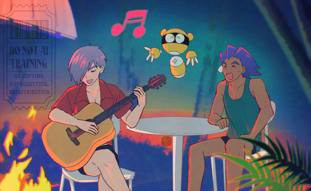 コレクター・ユイのイラスト。ギターを弾きながら歌っている水着のコントロルと、それに合わせて歌うIRとシンクロ。