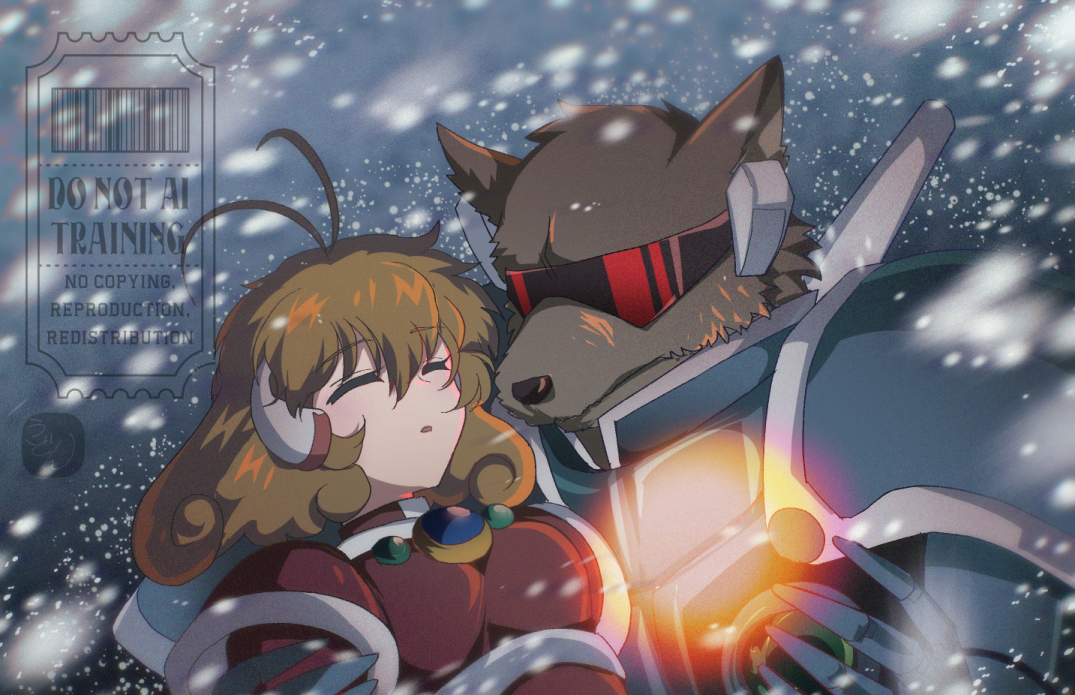 コレクター・ユイのファンアート。ファイヤーエレメントスーツのユイと、ユイを抱えて暖めるウォーウルフのイラスト。周りは吹雪。